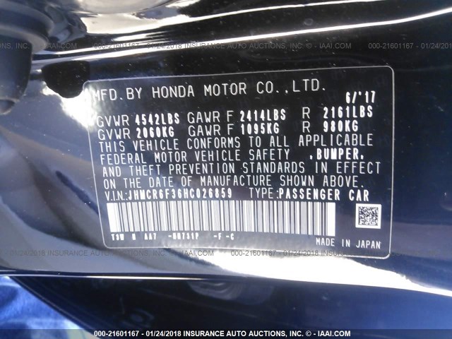 JHMCR6F36HC026859 - 2017 HONDA ACCORD HYBRID BLACK photo 9