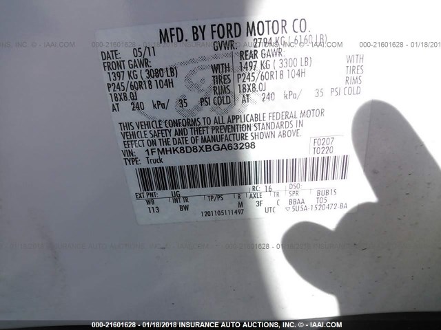 1FMHK8D8XBGA63298 - 2011 FORD EXPLORER XLT WHITE photo 9