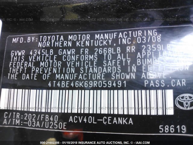 4T4BE46K69R059491 - 2009 TOYOTA CAMRY SE/LE/XLE BLACK photo 9