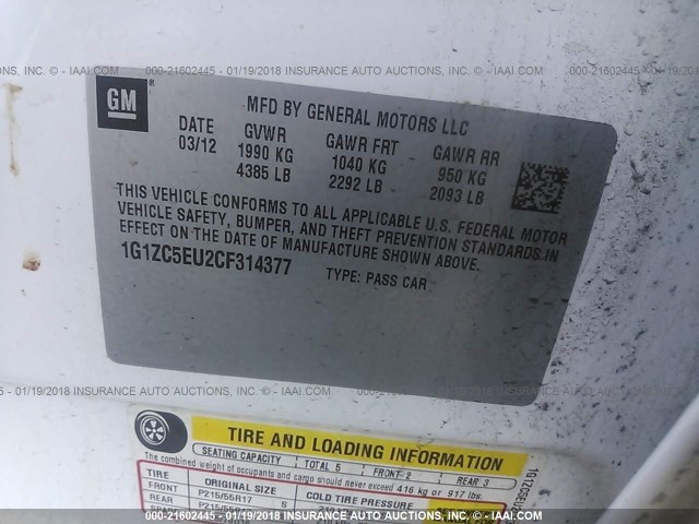 1G1ZC5EU2CF314377 - 2012 CHEVROLET MALIBU 1LT 白色 照片 9