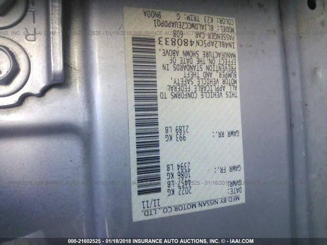 1N4BL2AP5CN480833 - 2012 NISSAN ALTIMA SR SILVER photo 9