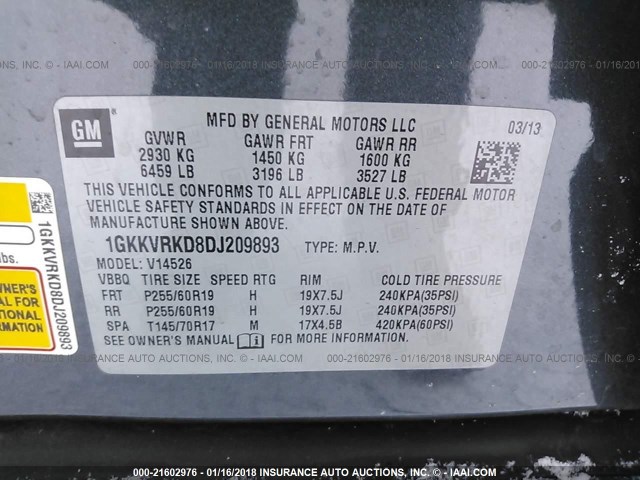 1GKKVRKD8DJ209893 - 2013 GMC ACADIA SLT-1 GRAY photo 9