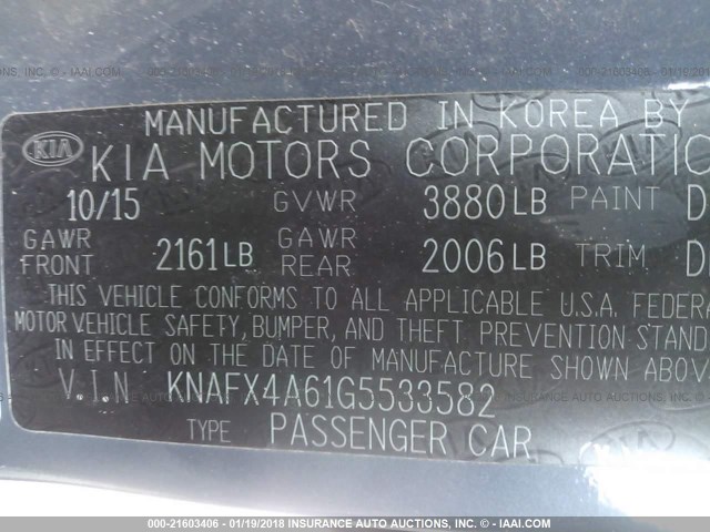 KNAFX4A61G5533582 - 2016 KIA FORTE LX GRAY photo 9