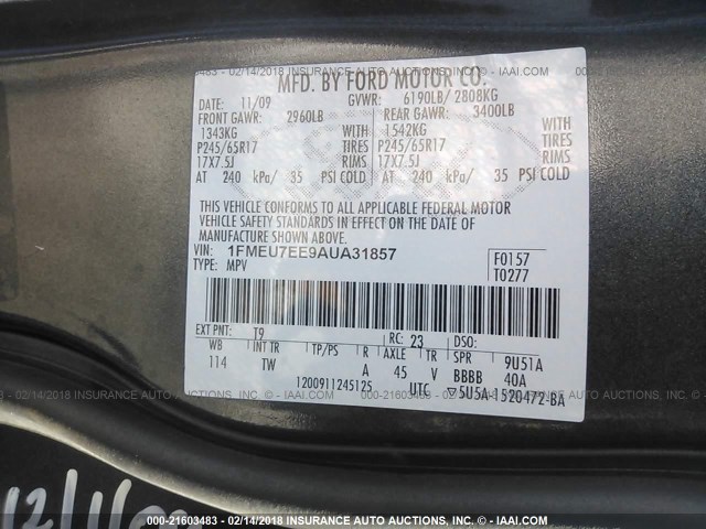 1FMEU7EE9AUA31857 - 2010 FORD EXPLORER EDDIE BAUER BLACK photo 9