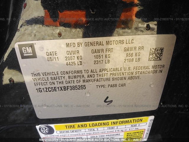 1G1ZC5E1XBF385265 - 2011 CHEVROLET MALIBU 1LT 黑色 照片 9