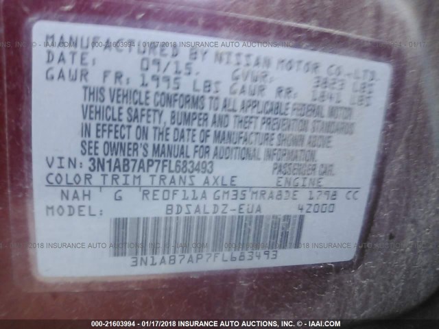 3N1AB7AP7FL683493 - 2015 NISSAN SENTRA S/SV/SR/SL RED photo 9