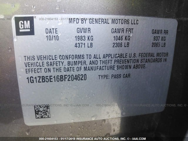 1G1ZB5E16BF204620 - 2011 CHEVROLET MALIBU LS ყავისფერი ფოტო 9