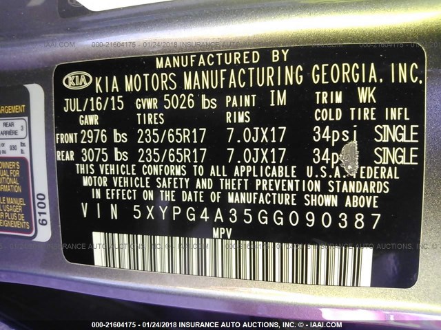 5XYPG4A35GG090387 - 2016 KIA SORENTO LX/L GRAY photo 9