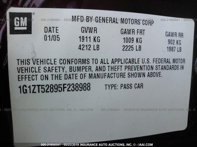 1G1ZT52895F238988 - 2005 CHEVROLET MALIBU LS 勃艮第红 照片 9