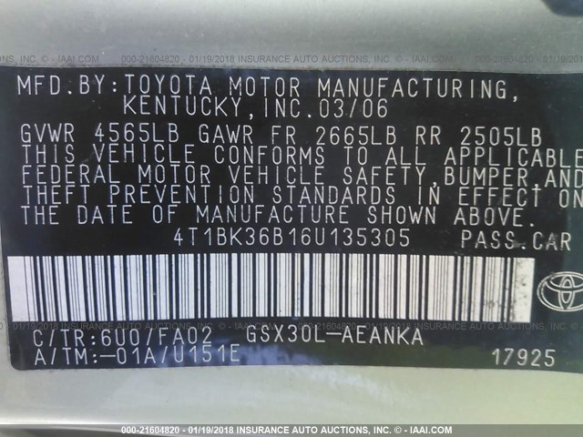 4T1BK36B16U135305 - 2006 TOYOTA AVALON XL/XLS/TOURING/LIMITED GREEN photo 9