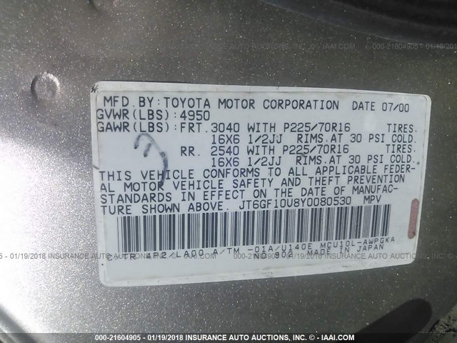 JT6GF10U8Y0080530 - 2000 LEXUS RX 300 Champagne photo 9