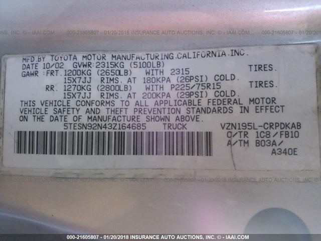 5TESN92N43Z164685 - 2003 TOYOTA TACOMA XTRACAB PRERUNNER ვერცხლისფერი ფოტო 9