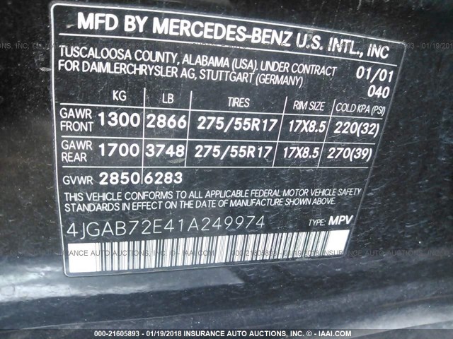 4JGAB72E41A249974 - 2001 MERCEDES-BENZ ML 430 BLACK photo 9