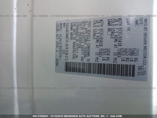 5N1AR2MN7FC695821 - 2015 NISSAN PATHFINDER S/SV/SL/PLATINUM 银色 照片 9