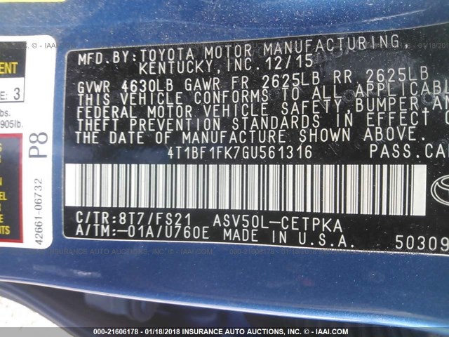 4T1BF1FK7GU561316 - 2016 TOYOTA CAMRY LE/XLE/SE/XSE BLUE photo 9