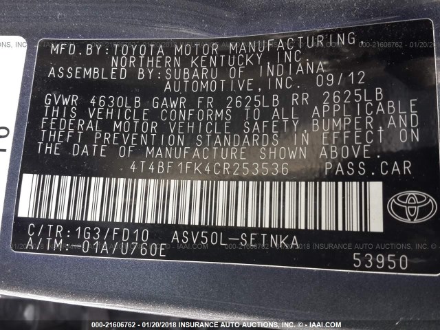 4T4BF1FK4CR253536 - 2012 TOYOTA CAMRY SE/LE/XLE GRAY photo 9