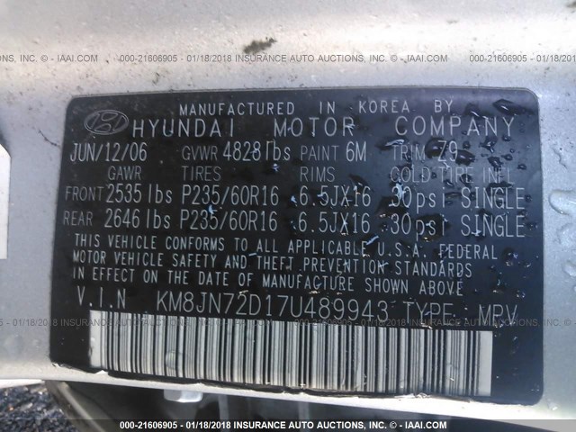 KM8JN72D17U489943 - 2007 HYUNDAI TUCSON SE/LIMITED SILVER photo 9