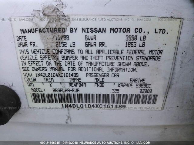 1N4DL01D4XC161489 - 1999 NISSAN ALTIMA XE/GXE/SE/GLE WHITE photo 9