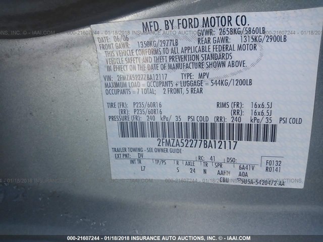 2FMZA52277BA12117 - 2007 FORD FREESTAR SEL BLUE photo 9