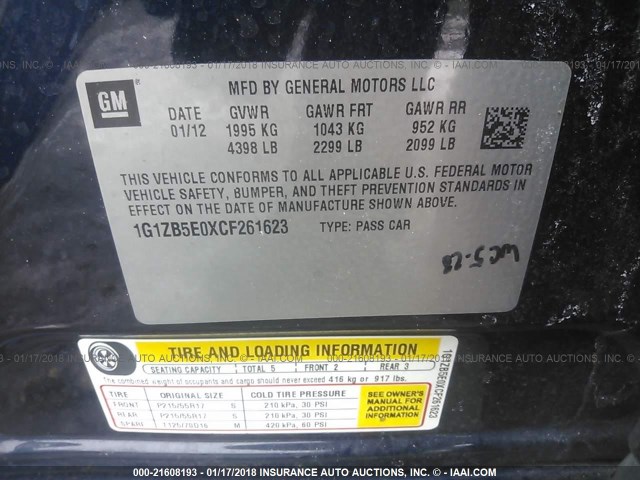 1G1ZB5E0XCF261623 - 2012 CHEVROLET MALIBU LS ლურჯი ფოტო 9