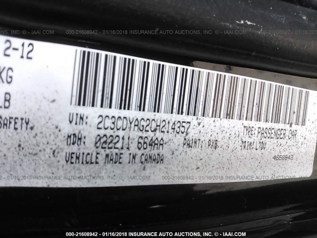 2C3CDYAG2CH214357 - 2012 DODGE CHALLENGER SXT BLACK photo 9