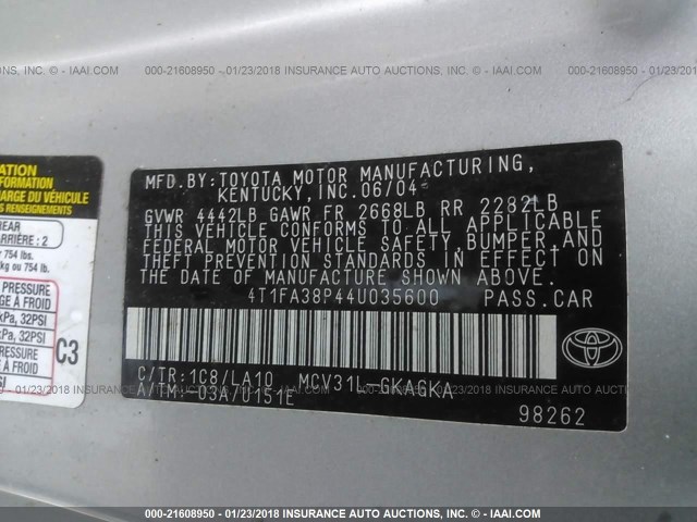 4T1FA38P44U035600 - 2004 TOYOTA CAMRY SOLARA SE/SLE ვერცხლისფერი ფოტო 9