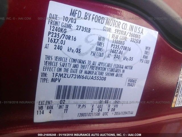 1FMZU73W64UA55308 - 2004 FORD EXPLORER XLT/XLT SPORT/NBX 红色 照片 9