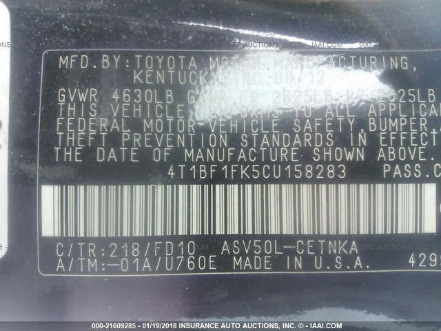 4T1BF1FK5CU158283 - 2012 TOYOTA CAMRY SE/LE/XLE 黑色 照片 9