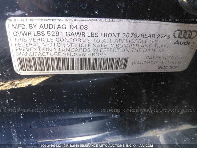 WAUDH74F38N135633 - 2008 AUDI A6 3.2 QUATTRO Dark Blue photo 9