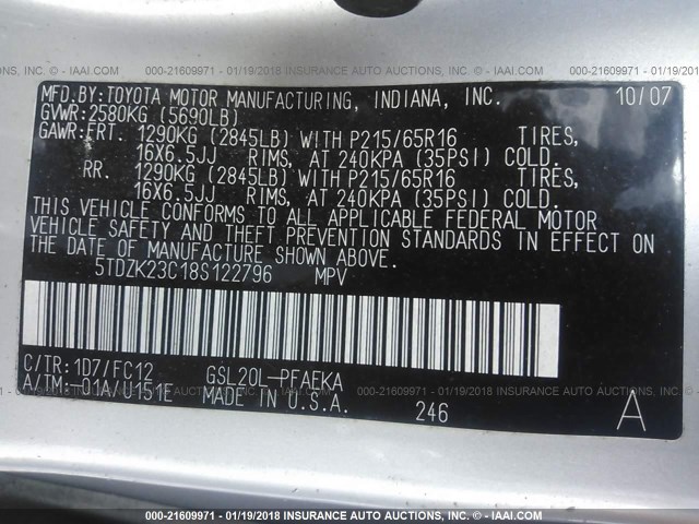 5TDZK23C18S122796 - 2008 TOYOTA SIENNA CE/LE SILVER photo 9