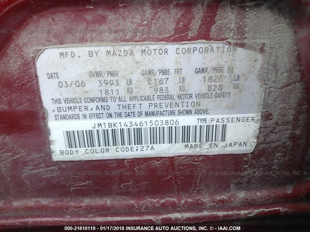 JM1BK143461503806 - 2006 MAZDA 3 HATCHBACK RED photo 9