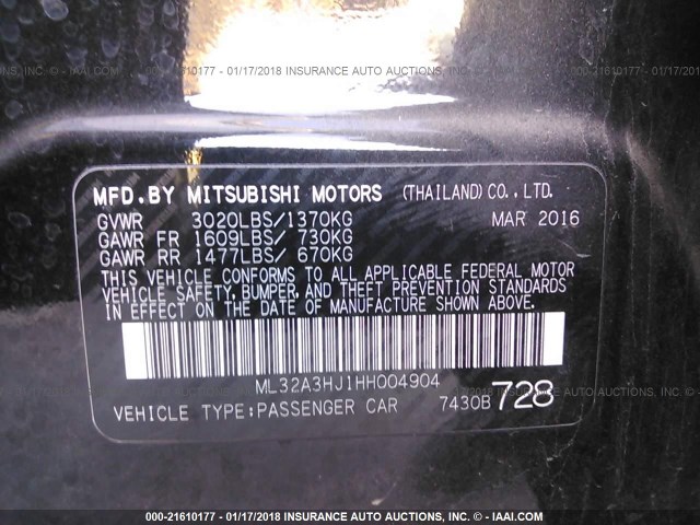 ML32A3HJ1HH004904 - 2017 MITSUBISHI MIRAGE ES BLACK photo 9