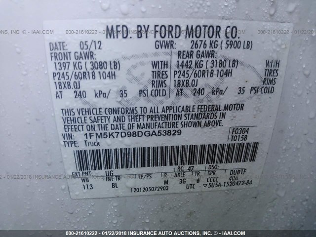 1FM5K7D98DGA53829 - 2013 FORD EXPLORER XLT WHITE photo 9