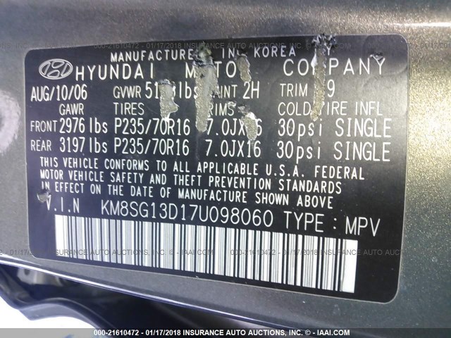 KM8SG13D17U098060 - 2007 HYUNDAI SANTA FE GLS GREEN photo 9