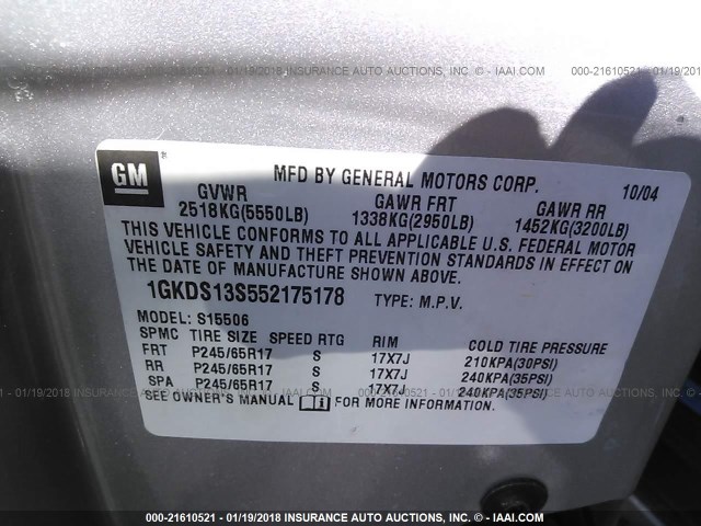 1GKDS13S552175178 - 2005 GMC ENVOY SILVER photo 9