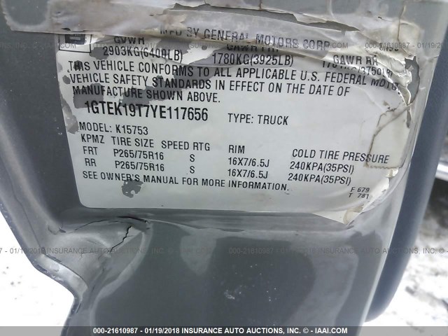 1GTEK19T7YE117656 - 2000 GMC NEW SIERRA K1500 Pewter photo 9