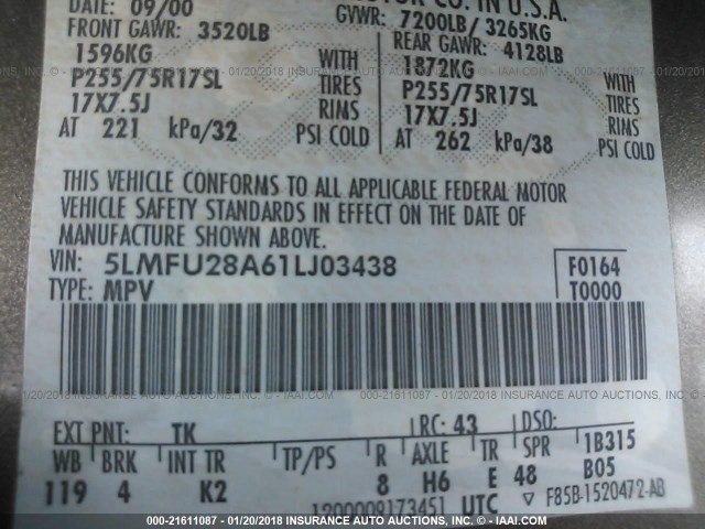 5LMFU28A61LJ03438 - 2001 LINCOLN NAVIGATOR SILVER photo 9