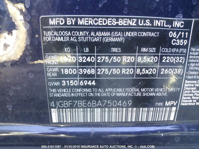 4JGBF7BE6BA750469 - 2011 MERCEDES-BENZ GL 450 4MATIC BLUE photo 9