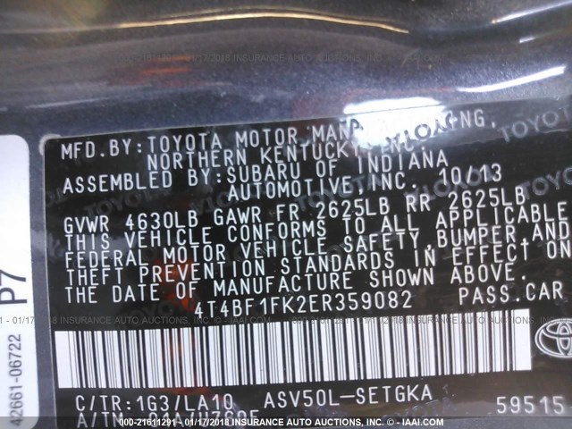 4T4BF1FK2ER359082 - 2014 TOYOTA CAMRY L/SE/LE/XLE 灰色 照片 9