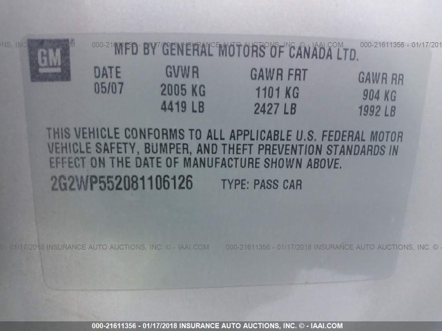 2G2WP552081106126 - 2008 PONTIAC GRAND PRIX SILVER photo 9