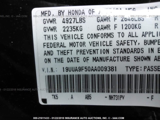 19UUA9F50AA009381 - 2010 ACURA TL BLACK photo 9