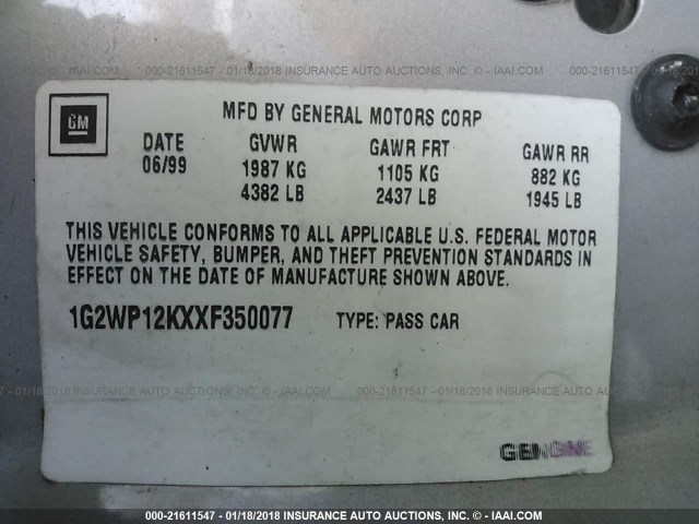 1G2WP12KXXF350077 - 1999 PONTIAC GRAND PRIX GT SILVER photo 9