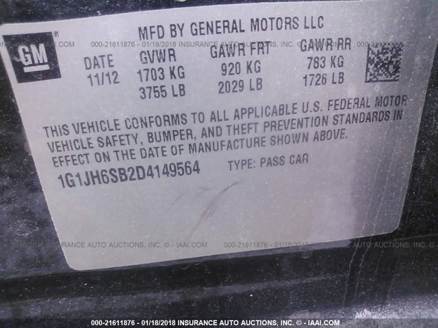 1G1JH6SB2D4149564 - 2013 CHEVROLET SONIC RS BLACK photo 9