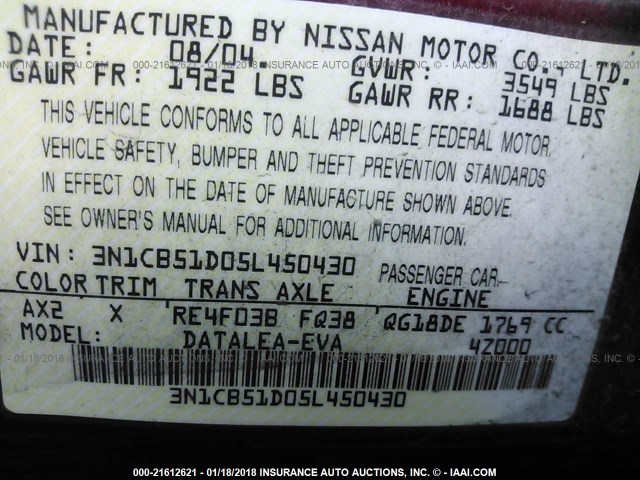 3N1CB51D05L450430 - 2005 NISSAN SENTRA 1.8/1.8S MAROON photo 9