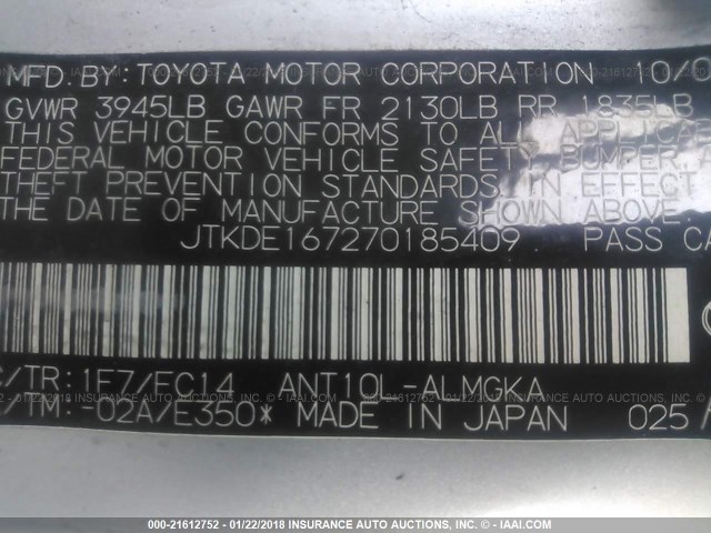 JTKDE167270185409 - 2007 TOYOTA SCION TC 银色 照片 9