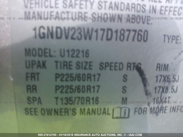 1GNDV23W17D187760 - 2007 CHEVROLET UPLANDER LS SILVER photo 9