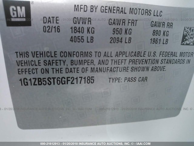 1G1ZB5ST6GF217185 - 2016 CHEVROLET MALIBU LS 白色 照片 9