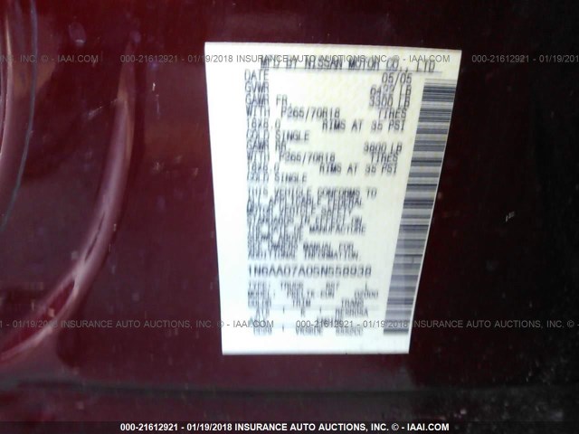 1N6AA07A05N558938 - 2005 NISSAN TITAN XE/SE/LE RED photo 9