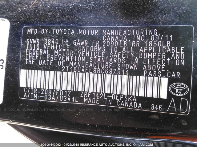 2T1BU4EE8BC687911 - 2011 TOYOTA COROLLA S/LE BLACK photo 9