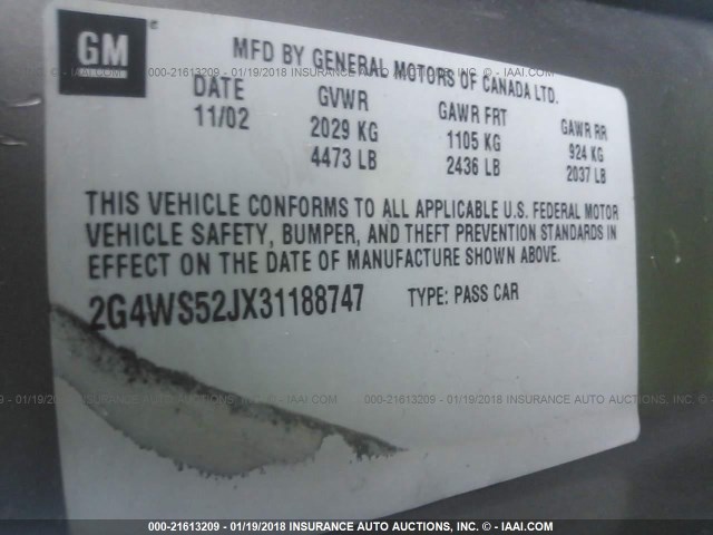 2G4WS52JX31188747 - 2003 BUICK CENTURY CUSTOM GRAY photo 9